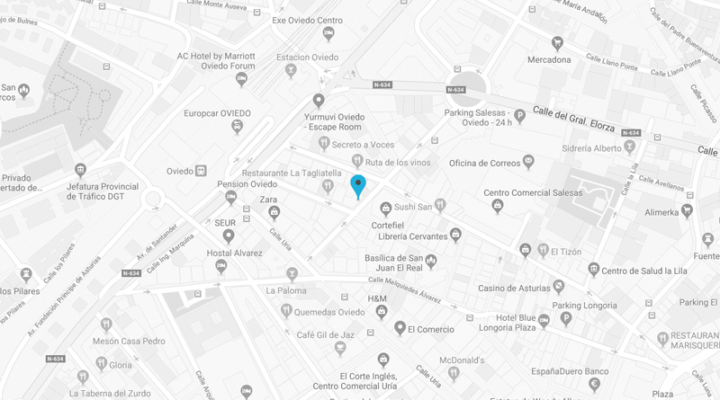 Mapa de Oviedo con la indicación de ubicación de la Clínica Oftalmológica Bajo-Castro